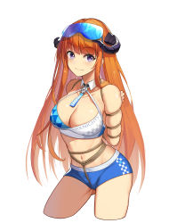 Rule 34 | 1girl, absurdres, arknights, arms behind back, bagpipe (arknights), bare arms, bare shoulders, bdsm, blue archive, blue shorts, blush, bondage, bound, breasts, cleavage, clothes writing, commentary request, commission, copyright name, cosplay, crop top, cropped legs, goggles, goggles on head, highres, horns, large breasts, long hair, looking at viewer, midriff, millennium cheerleader outfit (blue archive), navel, orange hair, purple eyes, rope, second-party source, shinebell, short shorts, shorts, simple background, sleeveless, smile, solo, standing, stomach, thighs, very long hair, white background