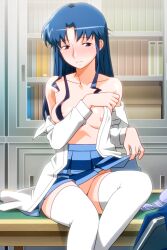 Rule 34 | 1girl, blue eyes, blue hair, blue skirt, bookshelf, desk, fujiwara aya, indoors, lifted by self, long hair, long sleeves, miniskirt, nipple slip, nipples, non-web source, off shoulder, official art, on desk, open clothes, open shirt, photoshop (medium), pleated skirt, shy, sitting, skirt, solo, striped clothes, striped skirt, super real mahjong, tanaka ryou, thighhighs, white thighhighs