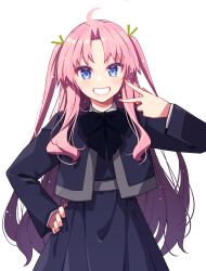 Rule 34 | 1girl, absurdres, ahoge, akino sora, black bow, black jacket, black shirt, black skirt, blue eyes, bow, commentary request, hand on own hip, hand up, highres, jacket, long hair, long sleeves, looking at viewer, multicolored hair, nail polish, original, parted bangs, pink hair, pink nails, shirt, simple background, skirt, solo, two-tone hair, v, very long hair, white background