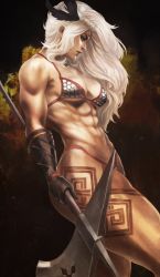 Rule 34 | 1girl, abs, absurdres, amazon (dragon&#039;s crown), amazon warrior, armor, bikini armor, blonde hair, blue eyes, breasts, circlet, dragon&#039;s crown, feathers, from side, gloves, halberd, highres, long hair, medium breasts, monori rogue, muscular, muscular female, polearm, realistic, solo, tattoo, weapon