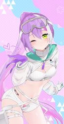 Rule 34 | 1girl, absurdres, aur hkgn, blush, breasts, cleavage, gloves, green eyes, heart, highres, hololive, looking at viewer, multicolored hair, official alternate costume, one eye closed, open fly, pink hair, ponytail, purple gloves, purple hair, short shorts, shorts, small breasts, smile, snow goggles, solo, streaked hair, thigh strap, tokoyami towa, tokoyami towa (5th costume), two-sided gloves, virtual youtuber, white gloves, white hair, white shorts, white shrug