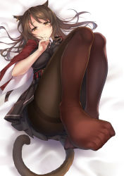 Rule 34 | 1girl, animal ears, arknights, ass, bed sheet, belt, black shirt, black skirt, breasts, brown hair, brown pantyhose, cat ears, cat girl, cat tail, earrings, feet, foreshortening, highres, jewelry, large breasts, long hair, looking at viewer, lying, miniskirt, no shoes, on back, orange eyes, pantyhose, pleated skirt, shirt, short sleeves, skirt, skyfire (arknights), solo, tail, thighband pantyhose, wide sleeves, yuemanhuaikong