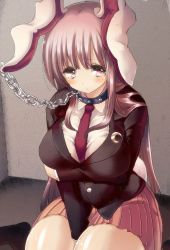 Rule 34 | 1girl, animal ears, bad id, bad pixiv id, bdsm, black legwear, breast lift, breasts, chain, collar, covering privates, covering crotch, cream (nipakupa), crescent, dress shirt, large breasts, leash, long hair, looking at viewer, necktie, purple hair, rabbit ears, red eyes, red necktie, reisen udongein inaba, shirt, sitting, sketch, skirt, slave, solo, touhou, wariza