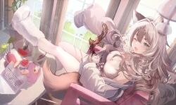 Rule 34 | 1girl, :d, absurdres, animal ears, bare legs, blush, breasts, cat ears, cat girl, cat tail, chair, cleavage, coffee, computer, cup, curtains, day, dot nose, doughnut, food, foxplushy, from side, fruit, full body, grey eyes, grey hair, grey shirt, hair intakes, highres, holding, holding cup, indie virtual youtuber, indoors, kagefumi, knees together feet apart, lamp, laptop, large breasts, leg up, lens flare, long hair, long sleeves, looking at viewer, off shoulder, one eye closed, open clothes, open mouth, open shirt, paw shoes, plate, shadow, shirt, sidelocks, sitting, sleeves past fingers, sleeves past wrists, smile, solo, table, tail, virtual youtuber, watermelon, watermelon slice, window