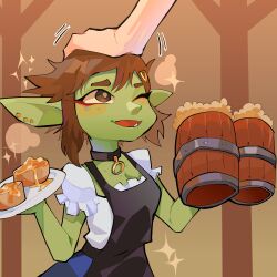 Rule 34 | 1boy, 1girl, absurdres, alcohol, apron, beer, black apron, black choker, breasts, brown eyes, brown hair, choker, colored skin, diforland, earrings, fang, female goblin, food, goblin, green skin, hair ornament, headpat, highres, holding, holding plate, honey goblin, indie virtual youtuber, indoors, jewelry, one eye closed, open mouth, pendant choker, plate, pointy ears, shirt, short hair, short sleeves, small breasts, smile, solo focus, tankard, upper body, virtual youtuber, white shirt