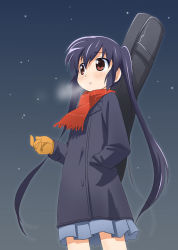 Rule 34 | bad id, bad pixiv id, bakutendou, black hair, breath, brown eyes, coat, gloves, guitar case, highres, instrument case, k-on!, long hair, nakano azusa, scarf, skirt, solo, twintails