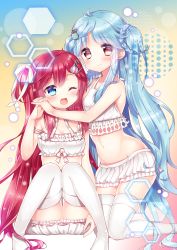 Rule 34 | 2girls, ;d, absurdly long hair, absurdres, blue eyes, blue hair, bra, braid, breasts, cleavage, collarbone, copyright request, crop top, groin, hair ornament, hair ribbon, highres, holding hands, interlocked fingers, kneeling, layered skirt, long hair, looking at viewer, medium breasts, microskirt, midriff, multiple girls, natsume asato, navel, off shoulder, one eye closed, one side up, open mouth, pleated skirt, red eyes, red hair, ribbon, sitting, skirt, small breasts, smile, stomach, thighhighs, underwear, very long hair, white bra, white legwear, white ribbon, white skirt, zettai ryouiki