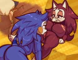 Rule 34 | 2girls, all fours, animal crossing, arm support, ass, blue hair, breasts, brown hair, clitoral hood, clitoris, close-up, covering own mouth, cunnilingus, eyelashes, fat mons, freckles, from behind, furry, grey eyes, half-closed eyes, hedgehog ears, hedgehog tail, huge ass, huge breasts, incest, long hair, looking at another, looking down, looking up, mabel able (animal crossing), multiple girls, nintendo, nipples, nude, oral, pawpads, plump, polka dot, polka dot background, pussy, pussy juice, sable able (animal crossing), saliva, sideboob, striped, striped background, teckworks, thighs, tongue, tongue out, uncensored, wavy mouth, yellow background, yuri