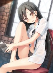 Rule 34 | 1girl, :d, absurdres, bare legs, barefoot, black bow, black hair, black panties, blush, book, bow, bow panties, braid, breasts, brick wall, brown eyes, collarbone, collared shirt, day, dutch angle, highres, holding, holding book, indoors, kantoku, knee up, koi suru kanojo no bukiyou na butai, lingerie, long hair, looking at viewer, medium breasts, nanase sena, navel, no pants, non-web source, official art, open book, open clothes, open mouth, open shirt, panties, shirt, sidelocks, sitting, smile, solo, twin braids, unbuttoned, unbuttoned shirt, underwear, white shirt, window