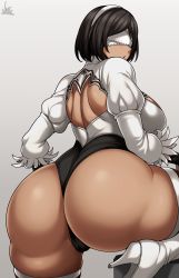 Rule 34 | 1girl, absurdres, android, ass, ass focus, black hair, blindfold, boots, breasts, cleft of venus, dark-skinned female, dark skin, from behind, gloves, hairband, high heel boots, high heels, highres, huge ass, jmg, large breasts, leotard, nier (series), nier:automata, shiny skin, short hair, sideboob, solo, thick thighs, thigh boots, thighhighs, thighs, thong, thong leotard, 2p (nier:automata)