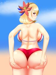Rule 34 | 1girl, absurdres, artist request, ass, ass grab, azur lane, backboob, bare shoulders, bikini, blonde hair, blush, breasts, come hither, deep skin, flower, from behind, hair flower, hair ornament, highres, huge ass, large breasts, looking at viewer, looking back, prince of wales (azur lane), red eyes, shiny skin, short hair, smile, solo, swimsuit, thigh gap