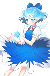 Rule 34 | 1girl, :o, bad id, bad pixiv id, blue bow, blue dress, blue eyes, blue hair, blush, bow, cirno, cowboy shot, dress, froststar, hair bow, hair ribbon, highres, ice, ice wings, matching hair/eyes, open mouth, puffy short sleeves, puffy sleeves, red ribbon, ribbon, short hair, short sleeves, simple background, snowflakes, solo, touhou, upskirt, white background, wing collar, wings