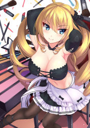 Rule 34 | 1girl, ahoge, apron, armpits, arms behind back, arms up, black gloves, black thighhighs, blonde hair, blue eyes, blush, breasts, bustier, chair, choker, cleavage, drill hair, elbow gloves, fang, fang out, frills, gloves, large breasts, lipstick, long hair, looking at viewer, looking to the side, maid apron, makeup, makeup brush, miniskirt, navel, sitting, skirt, smile, solo, takibi (tamikyo), thighhighs, tsurime, very long hair, warship girls r, wichita (warship girls r)