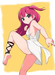 Rule 34 | 1girl, ankle lace-up, ass, barefoot, blush, breasts, closed mouth, cougar (cougar1404), cross-laced footwear, dress, feet, hair ornament, leg up, long hair, looking at viewer, magi the labyrinth of magic, morgiana, one side up, red eyes, red hair, solo