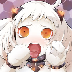 Rule 34 | 10s, 1girl, abyssal ship, ahoge, close-up, female focus, horns, kantai collection, long hair, looking at viewer, mittens, mouth focus, northern ocean princess, open mouth, oral invitation, orange eyes, saliva, solo, sweat, tongue, tongue out, usagi niku, white hair, white mittens