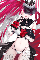 1girl absurdres baobhan_sith_(fate) baobhan_sith_(swimsuit_pretender)_(fate) baobhan_sith_(swimsuit_pretender)_(third_ascension)_(fate) bare_shoulders bikini blush breasts bridal_gauntlets closed_eyes crown detached_collar earrings fangs fate/grand_order fate_(series) flower grey_eyes hair_flower hair_ornament highres jewelry kawairuka_ko large_breasts long_hair looking_at_viewer navel open_mouth pink_hair pointy_ears side_ponytail sidelocks smile solo swimsuit thighhighs thighs veil white_bikini white_thighhighs