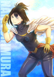 Rule 34 | 10s, absurdres, black hair, bodysuit, boku no hero academia, breasts, brown hair, cape, contrapposto, gloves, hand on own hip, highres, medium breasts, mature female, one eye closed, shimura nana, smile, superhero costume, wink, yellow gloves