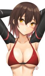 Rule 34 | 1girl, alternate costume, arcie albano, arms up, artist logo, bikini, bikini top only, blush, breasts, brown hair, cleavage, gradient hair, highres, hololive, large breasts, looking at viewer, mechanical arms, multicolored hair, red bikini, roboco-san, short hair, simple background, smile, solo, swimsuit, teeth, virtual youtuber, white background, yellow eyes
