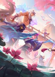 Rule 34 | 2boys, 2girls, animal ears, blue eyes, blue hair, casdaine, cherry blossoms, clenched hand, closed mouth, cloud, commentary, earrings, english commentary, floating hair, flower, hair between eyes, highres, holding, holding wand, horns, jewelry, leaf, league of legends, long hair, long sleeves, looking ahead, lotus, mountain, multiple boys, multiple girls, muscular, muscular male, outdoors, outstretched arm, parted lips, pointy ears, purple hair, sett (league of legends), short hair, sidelocks, single horn, sky, smile, soraka (league of legends), spirit blossom (league of legends), spirit blossom sett, spirit blossom soraka, spirit blossom tristana, spirit blossom yorick, standing, tassel, tassel earrings, tree, tristana, wand, white eyes, white hair, wide sleeves, yellow eyes, yordle, yorick (league of legends)