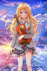 Rule 34 | 10s, 1girl, :3, blazer, blonde hair, blue shirt, blush, bow (music), closed mouth, cloud, collarbone, collared shirt, crying, crying with eyes open, higeneko, highres, holding, instrument, jacket, looking at viewer, miyazono kawori, necktie, petals, plaid, plaid skirt, pleated skirt, purple eyes, red necktie, school uniform, shigatsu wa kimi no uso, shirt, skirt, sky, solo, standing, sun, sunset, tears, violin, water, wing collar