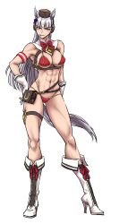 Rule 34 | 1girl, abs, absurdres, animal ears, bikini, blunt bangs, boots, bow, ear bow, ear covers, gloves, gold ship (umamusume), grey hair, high heel boots, high heels, highres, horse ears, horse girl, horse tail, horseshoe ornament, kimleon, long hair, muscular, muscular female, pillbox hat, purple eyes, swimsuit, tail, tongue, tongue out, umamusume, white background