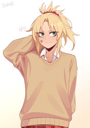 Rule 34 | 1girl, arm behind head, artist name, bandaid, bandaid on cheek, bandaid on face, blonde hair, blush, brown sweater, closed mouth, cowboy shot, darahan, fate/apocrypha, fate (series), green eyes, hair ornament, hair scrunchie, hand up, heart, long hair, long sleeves, looking at viewer, mordred (fate), mordred (fate/apocrypha), plaid, plaid skirt, ponytail, red scrunchie, red skirt, scrunchie, shirt, simple background, skirt, smile, solo, sweater