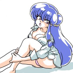 Rule 34 | 1girl, blue hair, breasts, cleavage, dress shirt, from side, hair ornament, hugging own legs, long hair, looking back, medium breasts, no pants, open mouth, panties, pantyshot, purple eyes, ranma 1/2, shadow, shampoo (ranma 1/2), shirt, simple background, sitting, sleeves rolled up, solo, underwear, wanta (futoshi), white background, white panties, white shirt
