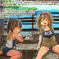 Rule 34 | 10s, 2girls, :d, barefoot, blue sky, breasts, brown eyes, brown hair, cup, dated, day, closed eyes, food, hair ornament, hairband, hairclip, i-26 (kancolle), i-401 (kancolle), ice, ice cream, island, kantai collection, kirisawa juuzou, large breasts, light brown hair, long hair, multiple girls, new school swimsuit, numbered, ocean, one-piece swimsuit, open mouth, ponytail, sailor collar, school swimsuit, short sleeves, sitting, sky, small breasts, smile, spread legs, sundae, swimsuit, swimsuit under clothes, table, tan, tatami, text focus, translation request, twitter username, two-tone hairband, two side up, wariza, yunomi
