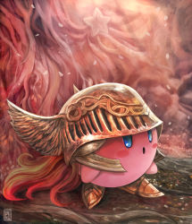 Rule 34 | :o, absurdres, armor, blue eyes, blush, commentary, cosplay, crossover, elden ring, english commentary, helmet, highres, kirby, kirby (series), long hair, malenia blade of miquella, malenia blade of miquella (cosplay), nintendo, no humans, standing, uchi vs the world, winged helmet