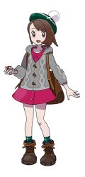 Rule 34 | 1girl, absurdres, backpack, bag, beanie, bob cut, boots, brown bag, brown eyes, brown footwear, brown hair, cardigan, creatures (company), dress, full body, game freak, gloria (pokemon), green hat, green legwear, grey cardigan, hat, highres, holding, holding poke ball, long sleeves, looking at viewer, nintendo, official art, open mouth, pink dress, poke ball, pokemon, pokemon swsh, pom pom (clothes), short hair, smile, solo, swept bangs, tam o&#039; shanter, transparent background