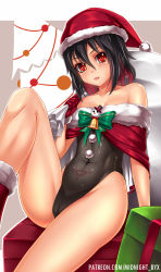 Rule 34 | 1girl, bare shoulders, black hair, black leotard, box, cameltoe, cape, christmas, collarbone, covered navel, fur trim, gift, gift box, gloves, hair between eyes, hat, highleg, highleg leotard, highres, leotard, looking at viewer, midnight (banyex), multicolored hair, original, pubic tattoo, red eyes, red gloves, red hair, sack, santa costume, santa hat, see-through, short hair, sitting, solo, strapless, strapless leotard, tattoo, two-tone hair