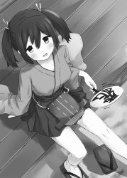 Rule 34 | 10s, 1girl, blush, breasts, cleavage, collarbone, eyebrows, from above, greyscale, hair between eyes, hair ribbon, hakama, hakama short skirt, hakama skirt, hand fan, holding, holding fan, japanese clothes, kantai collection, kimono, long sleeves, looking at viewer, looking up, medium breasts, monochrome, motion lines, open mouth, paper fan, ribbon, shadow, short hair, sitting, skirt, socks, solo, souryuu (kancolle), suke (momijigari), sweat, twintails, uchiwa, wide sleeves, wooden floor