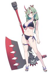 Rule 34 | 1girl, absurdres, akari (baffu), asymmetrical horns, axe, baffu, battle axe, bikini, black bikini, blue bikini, breasts, cleavage, closed mouth, commentary request, contrapposto, crab on head, dot mouth, expressionless, flip-flops, full body, green hair, hair ornament, hair over shoulder, highres, holding, holding axe, horns, large breasts, legs apart, long hair, looking at viewer, nail polish, navel, oni, oni horns, original, paid reward available, pointy ears, red eyes, red nails, sandals, simple background, solo, standing, swimsuit, thigh strap, toenail polish, toenails, two-tone bikini, uneven horns, weapon, white background