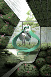 Rule 34 | 1girl, absurdly long hair, absurdres, aqua hair, aqua necktie, bad id, bad pixiv id, bare shoulders, barefoot, black eyes, black skirt, blouse, bush, colored skin, commentary, detached sleeves, floating, flower, hair ornament, hand to own mouth, hatsune miku, hatsune miku (nt), highres, hitsujikai (shep), layered sleeves, lily pad, long hair, necktie, piapro, pink flower, plant, scenery, see-through, see-through sleeves, shirt, shoulder tattoo, sitting, skirt, sleeveless, sleeveless shirt, solo, tattoo, tree, twintails, very long hair, vocaloid, water, white shirt, white skin, white sleeves, wide shot