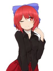 Rule 34 | 1girl, bandaged neck, bandages, black shirt, blue bow, bow, breasts, closed mouth, collared shirt, commentary request, hair bow, highres, long sleeves, looking at viewer, medium breasts, one eye closed, red eyes, red hair, sekibanki, shirt, short hair, simple background, solo, touhou, tyouseki, upper body, white background
