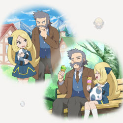 Rule 34 | 1boy, 1girl, :d, absurdres, aged down, bench, black dress, blonde hair, blue vest, brown coat, brown necktie, building, closed eyes, cloud, coat, collared shirt, commentary request, creatures (company), cynthia (pokemon), day, dress, egg, eyelashes, facial hair, food, food on face, game freak, grey eyes, grey hair, hair ribbon, happy, highres, holding, holding egg, ice cream, ice cream cone, long hair, mustache, necktie, nintendo, open mouth, outdoors, pants, pokemoa, pokemon, pokemon (anime), pokemon journeys, raised eyebrows, ribbon, rowan (pokemon), shirt, sitting, sky, smile, sprite, tongue, vest, white shirt