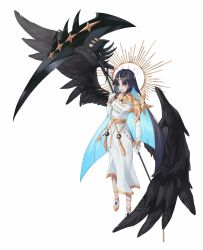 Rule 34 | 1girl, absurdres, angel, belt, black hair, black wings, blue hair, dress, feathered wings, feathers, female focus, floating, floating hair, frills, full body, gem, glint, gloves, halo, highres, holding, holding scythe, holding weapon, huge weapon, latale, light blue hair, litra (ltr0312), lower teeth only, multicolored hair, parted lips, scythe, shoes, simple background, smile, solo, standing, teeth, tongue, weapon, white background, white dress, white gloves, wings