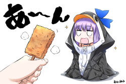 Rule 34 | 1girl, animal hood, black jacket, blue bow, blue choker, bow, choker, collarbone, commentary request, fate/grand order, fate (series), fingernails, food, hair between eyes, highres, holding, holding food, hood, hood up, hooded jacket, jacket, long hair, meltryllis, meltryllis (fate), meltryllis (swimsuit lancer) (fate), meltryllis (swimsuit lancer) (first ascension) (fate), neon-tetora, out of frame, penguin hood, purple hair, shadow, solo focus, sparkle, translation request, white background