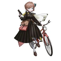Rule 34 | 1girl, bag, belt, bicycle, blue eyes, blush, breasts, brown belt, brown dress, brown footwear, brown hair, browning hi-power, butterfly hair ornament, dress, full body, girls&#039; frontline, gun, hair ornament, handgun, holding, holding gun, holding weapon, hp-35 (girls&#039; frontline), long sleeves, official art, open mouth, reoen, short hair, small breasts, solo, striped clothes, striped dress, transparent background, weapon, white legwear
