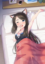 Rule 34 | 1girl, absurdres, animal ear fluff, animal ears, arm up, armpits, bed, black camisole, black hair, blanket, blue eyes, blush, book, breasts, camisole, cat ears, cellphone, cleavage, clenched hand, hand to own mouth, highres, long hair, looking at viewer, lying, mao lian (nekokao), medium breasts, on back, one eye closed, open mouth, original, phone, photo (object), picture frame, pillow, shelf, sleepy, smartphone, solo, stretching, tissue box, aina (mao lian), waking up, yawning
