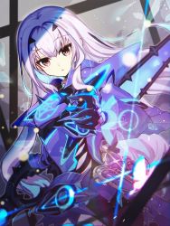 Rule 34 | 1girl, armor, blue armor, breasts, melusine (fate), melusine (first ascension) (fate), fate/grand order, fate (series), faulds, highres, long hair, looking at viewer, open mouth, sidelocks, small breasts, solo, toh., white hair, yellow eyes