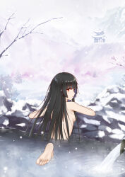 Rule 34 | 1girl, barefoot, bathing, black hair, breasts, brown eyes, completely nude, flan (seeyouflan), from behind, highres, hime cut, houraisan kaguya, landscape, long hair, looking at viewer, looking back, medium breasts, mountainous horizon, nude, onsen, partially submerged, scenery, snow, snowing, soles, solo, touhou, winter