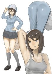 Rule 34 | 10s, 1girl, adjusting clothes, adjusting headwear, arm behind back, arm behind head, arm up, armpits, ass, barefoot, bent over, blue footwear, blue hat, blue pants, blue shirt, brown eyes, brown hair, closed mouth, commentary, dress shirt, girls und panzer, grey skirt, grey socks, gym uniform, hand on own hip, hat, highres, keizoku school uniform, kneehighs, loafers, long hair, long sleeves, looking back, mika (girls und panzer), miniskirt, open mouth, pants, pleated skirt, school uniform, shirt, shoes, simple background, single vertical stripe, skirt, smile, socks, solo, standing, striped clothes, striped shirt, tank top, track pants, vertical-striped clothes, vertical-striped shirt, white background, white shirt, wing collar, yamano rita
