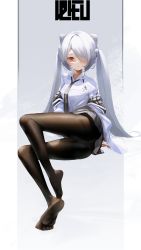 Rule 34 | 1girl, absurdres, alternate costume, azur lane, black necktie, black pantyhose, blush, breasts, character name, closed mouth, feet, full body, grey skirt, hair between eyes, hair over one eye, highres, ka11 ca, kiev (azur lane), long hair, looking at viewer, low twintails, necktie, no shoes, pantyhose, red eyes, shirt, silver hair, simple background, sitting, skirt, soles, solo, toes, twintails, very long hair, white shirt