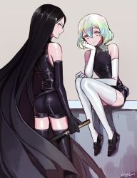 Rule 34 | 2others, ass, bad id, bad twitter id, bort, commentary request, dagger, diamond (houseki no kuni), ecru, elbow gloves, gloves, houseki no kuni, knife, leather suit, long hair, looking at viewer, multiple others, short hair, smile, thighhighs, very long hair, weapon