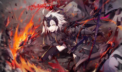 Rule 34 | 1girl, armor, armored dress, black dress, black thighhighs, breasts, chain, collar, dress, fate/grand order, fate (series), faulds, fire, flag, gabiran, gauntlets, grey hair, headpiece, highres, jeanne d&#039;arc alter (avenger) (fate), jeanne d&#039;arc alter (fate), large breasts, looking at viewer, metal collar, open mouth, plackart, polearm, short hair, solo, sword, thighhighs, thighs, weapon, yellow eyes
