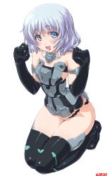 Rule 34 | 10s, 1girl, :d, bad id, bad pixiv id, bare shoulders, black gloves, black thighhighs, blue eyes, blush, dd (ijigendd), elbow gloves, eyebrows, frame arms girl, gloves, light purple hair, materia (frame arms girl), materia kuro, mecha musume, numbered, open mouth, panties, short hair, simple background, sitting, smile, solo, thighhighs, thighs, underwear, wariza, white background, white panties