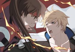 Rule 34 | 2boys, ark1478, bishounen, blonde hair, brown hair, fire, forehead protector, guilty gear, guilty gear strive, headband, highres, ky kiske, long hair, looking at another, male focus, multiple boys, muscular, muscular male, open mouth, ponytail, red eyes, short hair, simple background, sol badguy