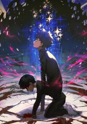 Rule 34 | 10s, 1boy, all fours, aoki (fumomo), black hair, blood, blood on face, bowl cut, crater, dual persona, psychic, from side, full body, kageyama shigeo, looking up, male focus, mob psycho 100, school uniform, solo, sparkle