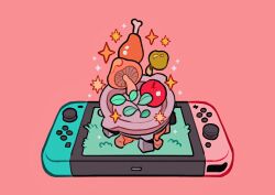 Rule 34 | apple, boned meat, chicken leg, commentary, cooking pot, english commentary, fire, firewood, fire, food, fruit, grass, handheld game console, highres, meat, meyoco, mushroom, nintendo, nintendo switch, no humans, pink background, plant, simple background, sparkle, star (symbol), the legend of zelda, the legend of zelda: breath of the wild